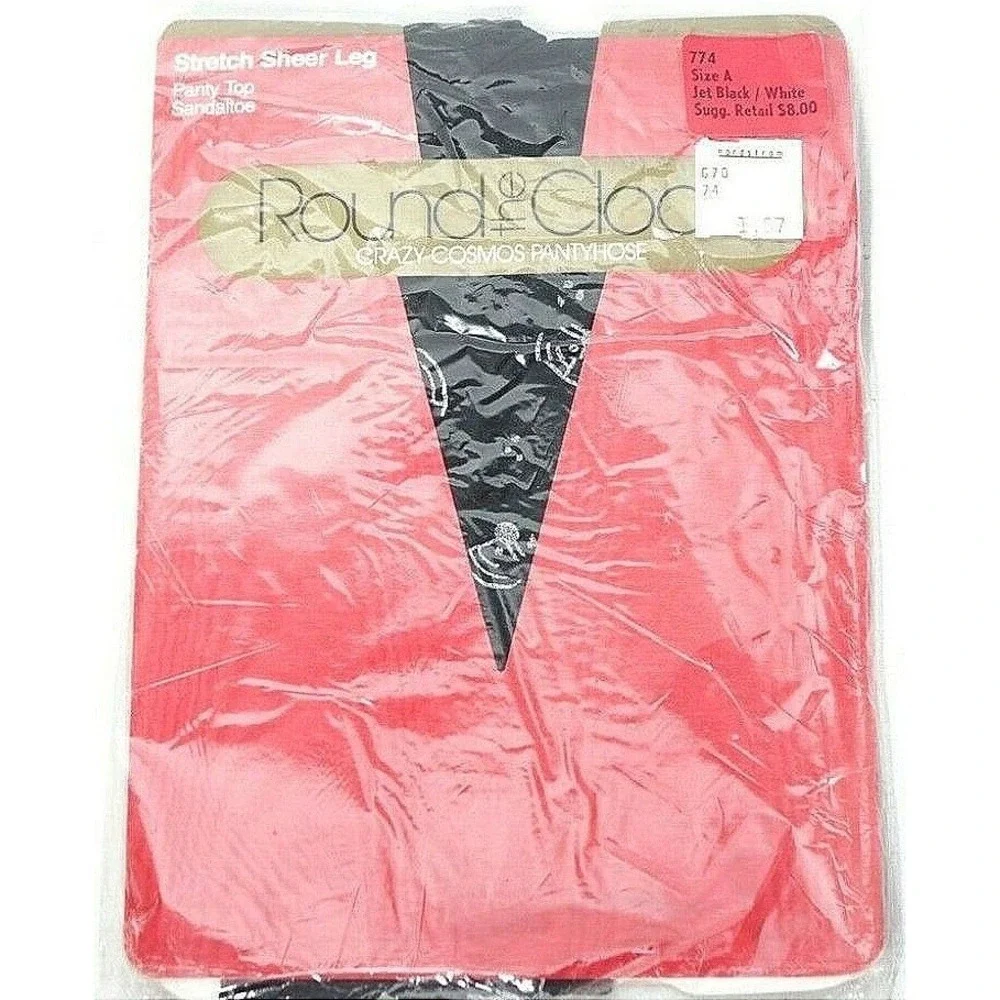 Round the Clock Pantyhose Women Size A Jet Black‎ White Crazy Cosmos Vintage 80s
